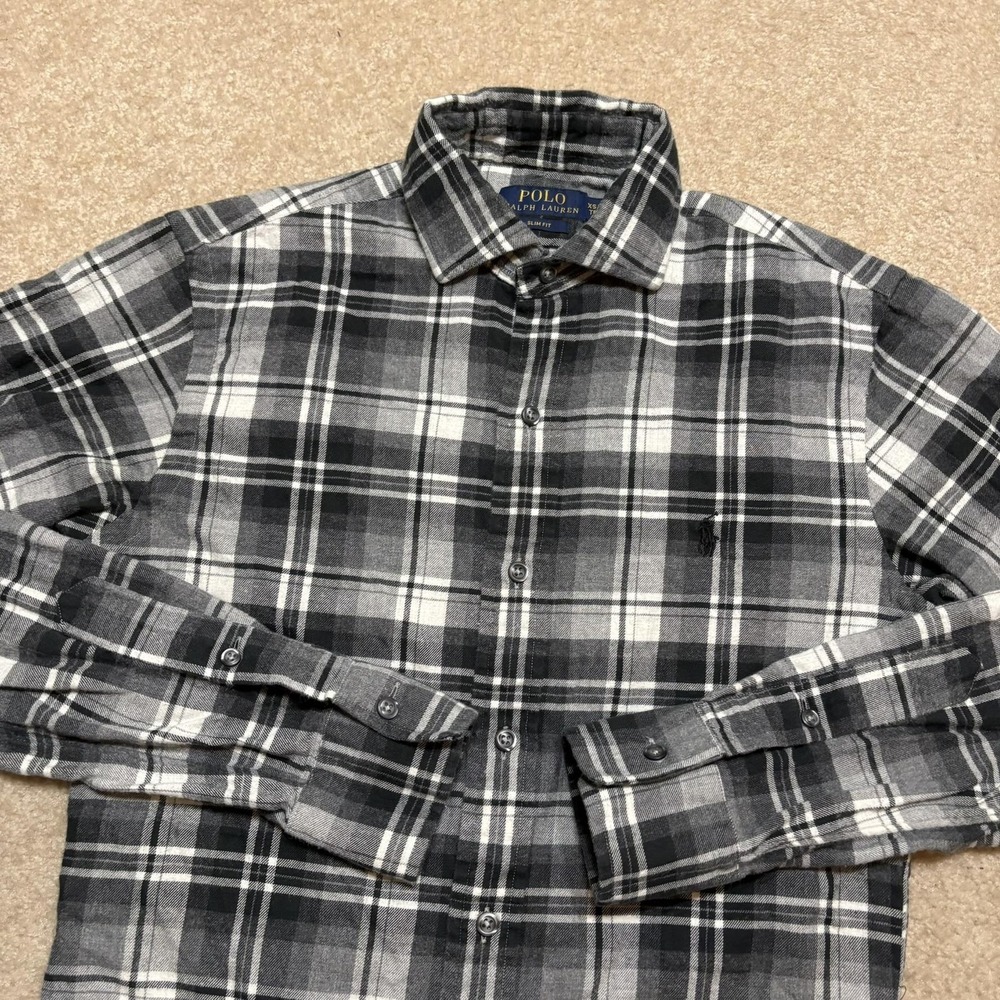 Polo Ralph Lauren Shirt Mens XS Gray Plaid Flannel Button Up LS Slim Fit Cotton